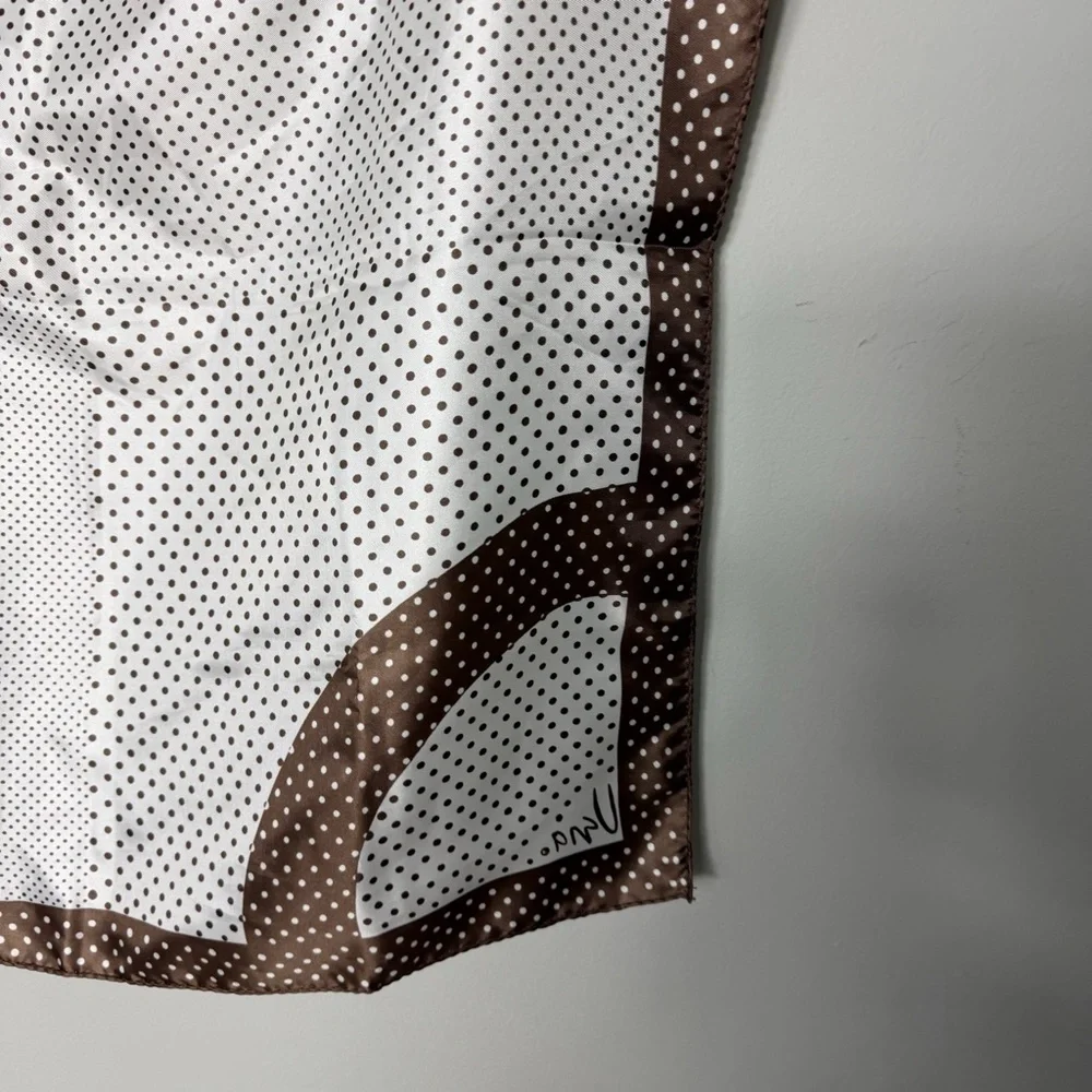 Vera Vintage Silky Scarf Square Chocolate Brown White Polka Dot